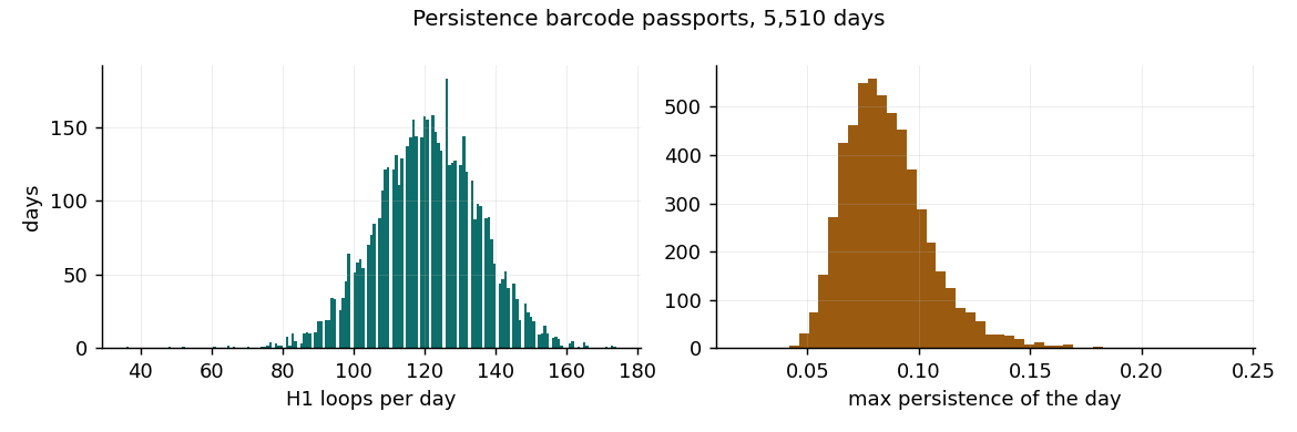 Histograms: number of H1 loops per day and maximum persistence per day over 5510 days